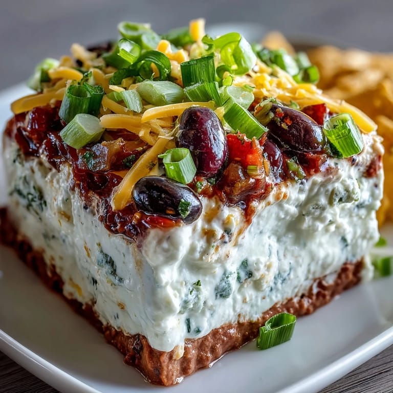 Colorful 4-Way Layered Dip in a glass dish, showing four distinct savory layers, perfect for game day gatherings.