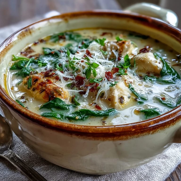Spoon dipping into a creamy bowl of Garlic Parmesan Chicken Soup with spinach, ready to serve.