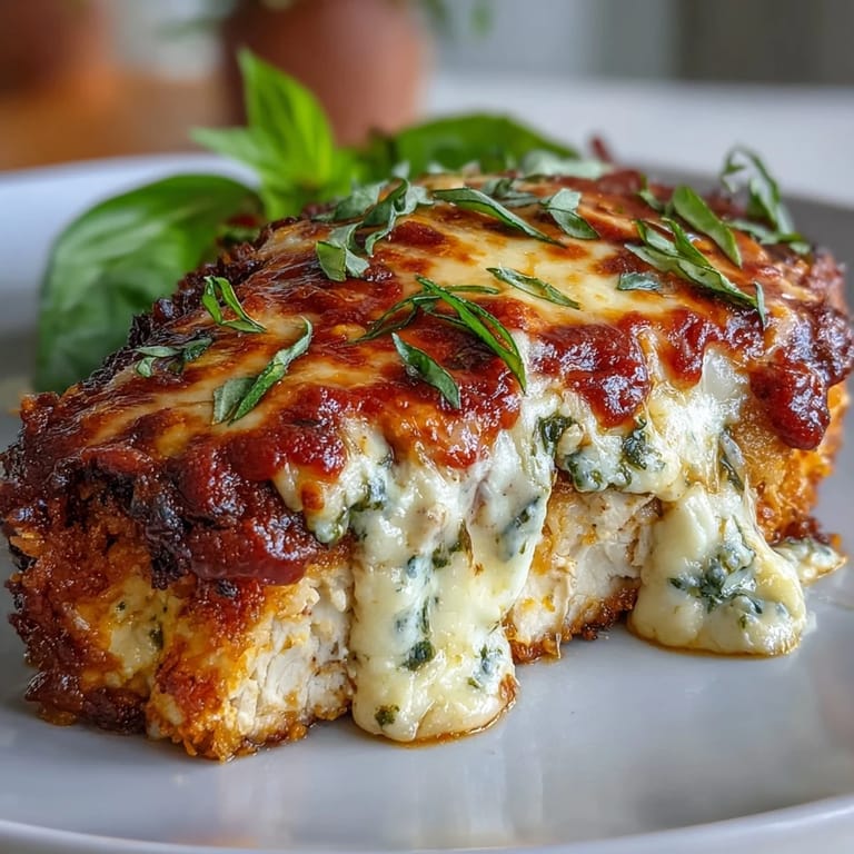 Juicy Pesto Chicken Parmesan served with spaghetti and garlic bread for dinner.