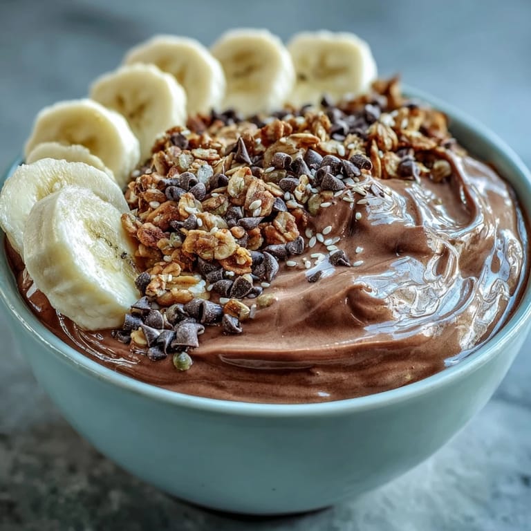 Chocolatey Chunky Monkey Smoothie Bowls garnished with sliced bananas and a drizzle of peanut butter.