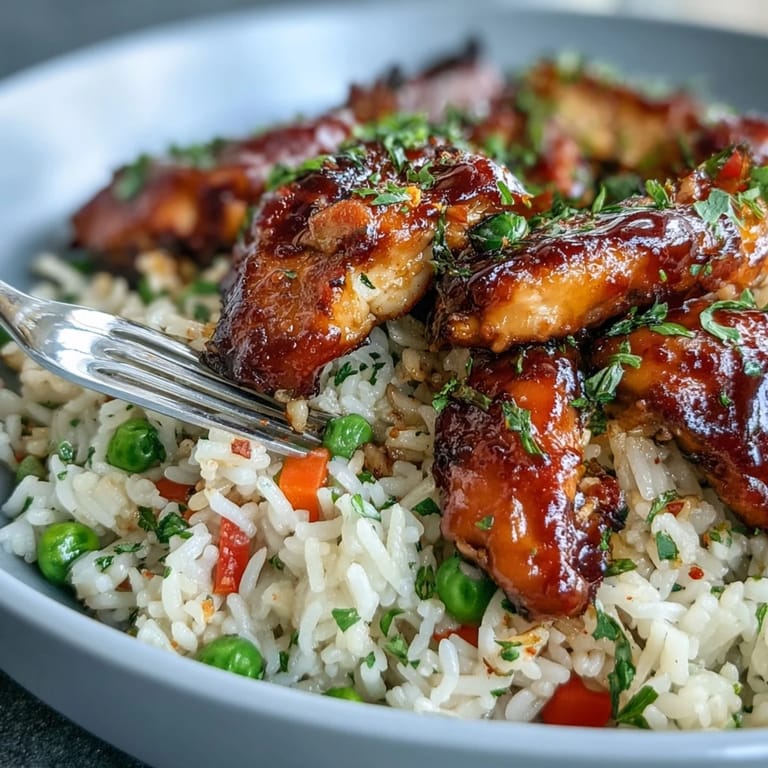 Sizzling One-Pan Bold Honey BBQ Chicken Rice cooking in a skillet, featuring tender chicken, glazed rice, and steaming mixed vegetables for a family-friendly dinner.