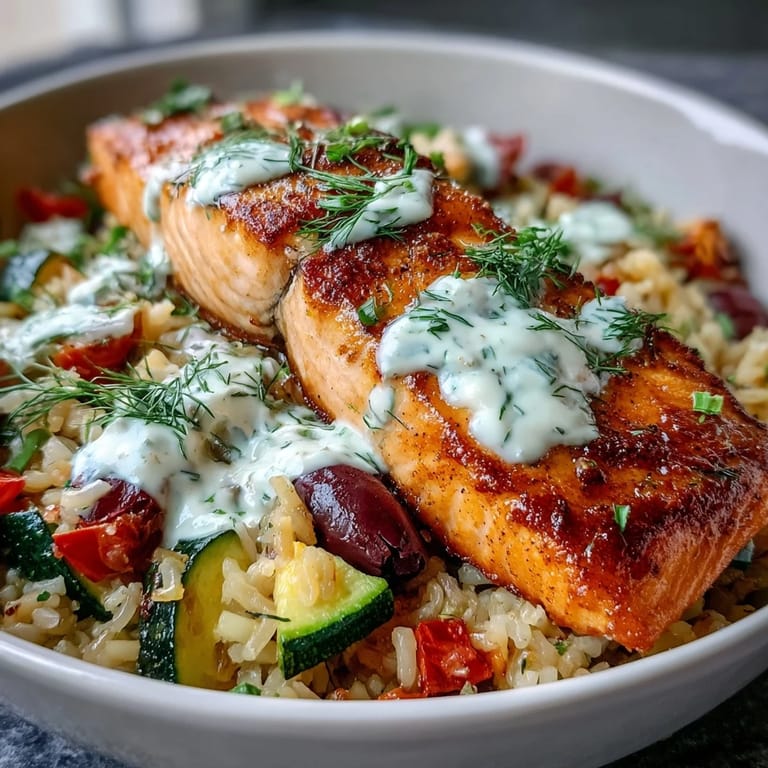 Top view of a Crispy Rice Salmon Bowl garnished with fresh dill, lemon wedges, and olives.