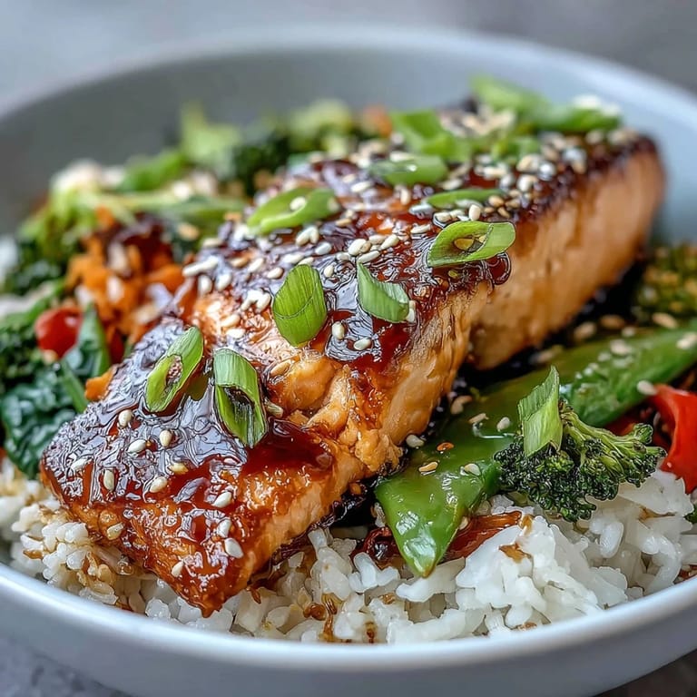 A close-up of a Teriyaki Salmon Bowl shows glossy salmon on white rice surrounded by colorful bell peppers and broccoli.