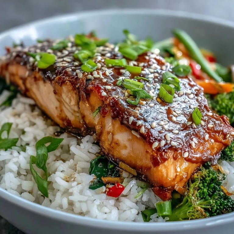 Savory-sweet Teriyaki Salmon Bowl served steaming hot, topped with green onions and sesame seeds, perfect for a quick weeknight meal.