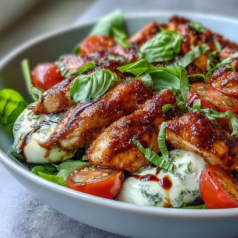 Caprese Chicken Bowl plated on greens with mozzarella and tomatoes, drizzled with dark, glossy balsamic reduction.