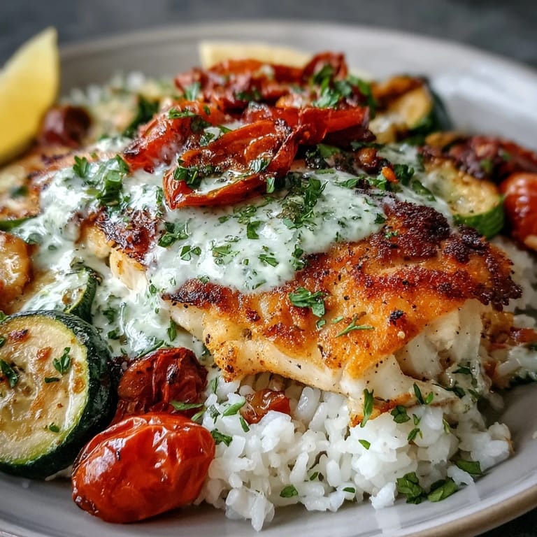 Flaky pan-seared fish sits atop jasmine rice, surrounded by roasted cherry tomatoes and onions, finished with fresh parsley.