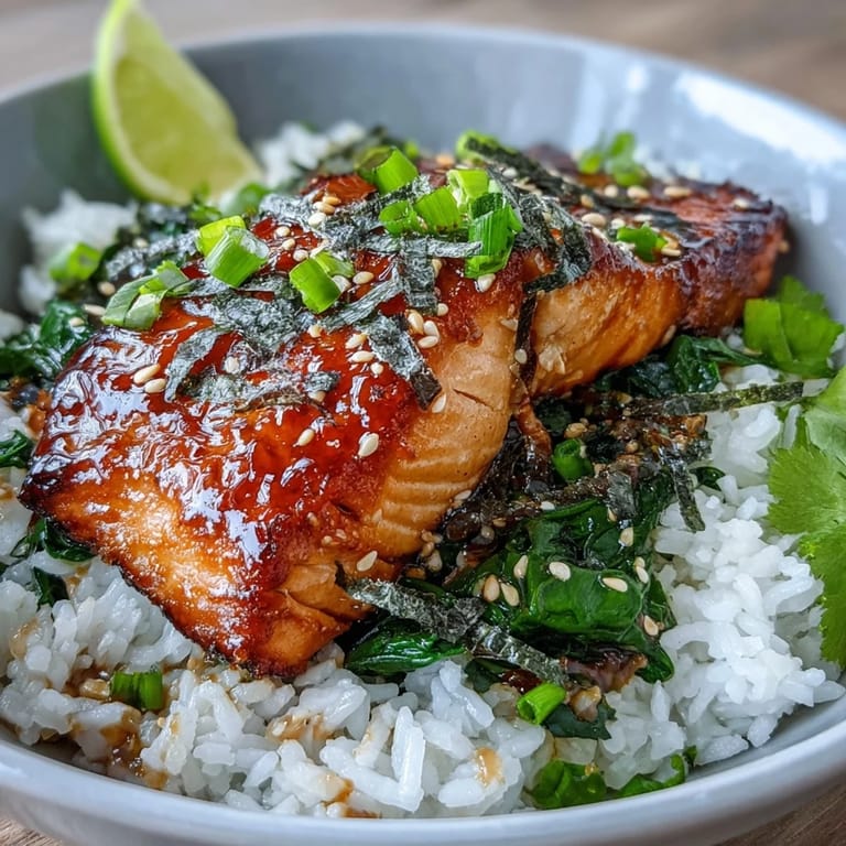 A close-up of a Miso Glazed Salmon Bowl featuring tender fish, fluffy rice, green onions, and toasted sesame seeds.