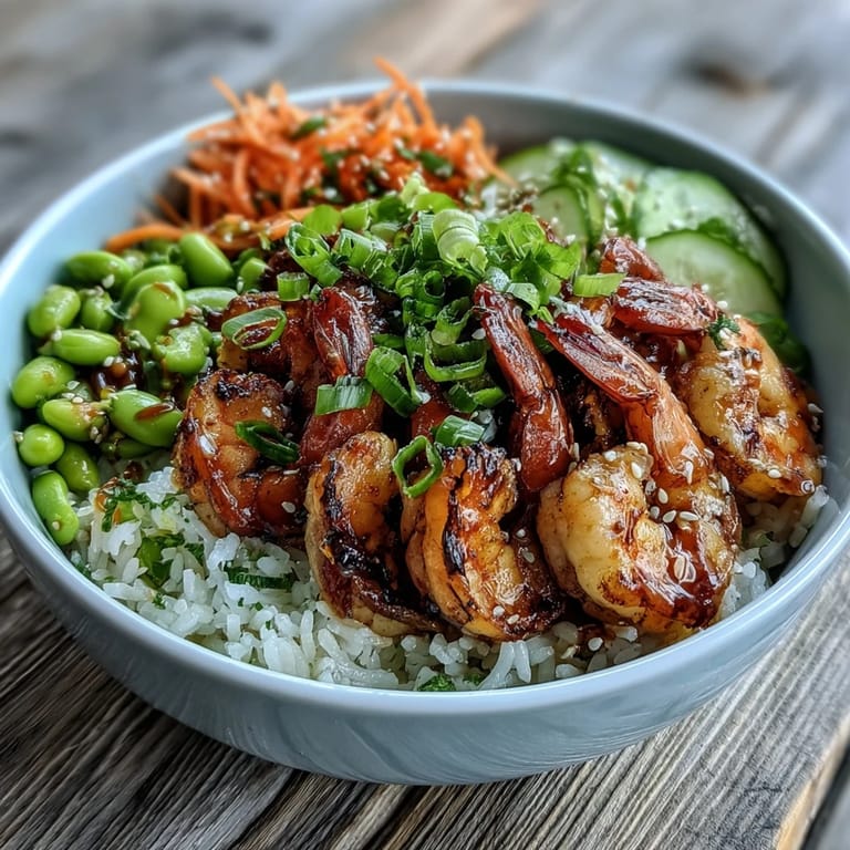 Freshly prepared Asian Shrimp Bowl featuring juicy grilled shrimp and colorful crisp vegetables on a white plate.
