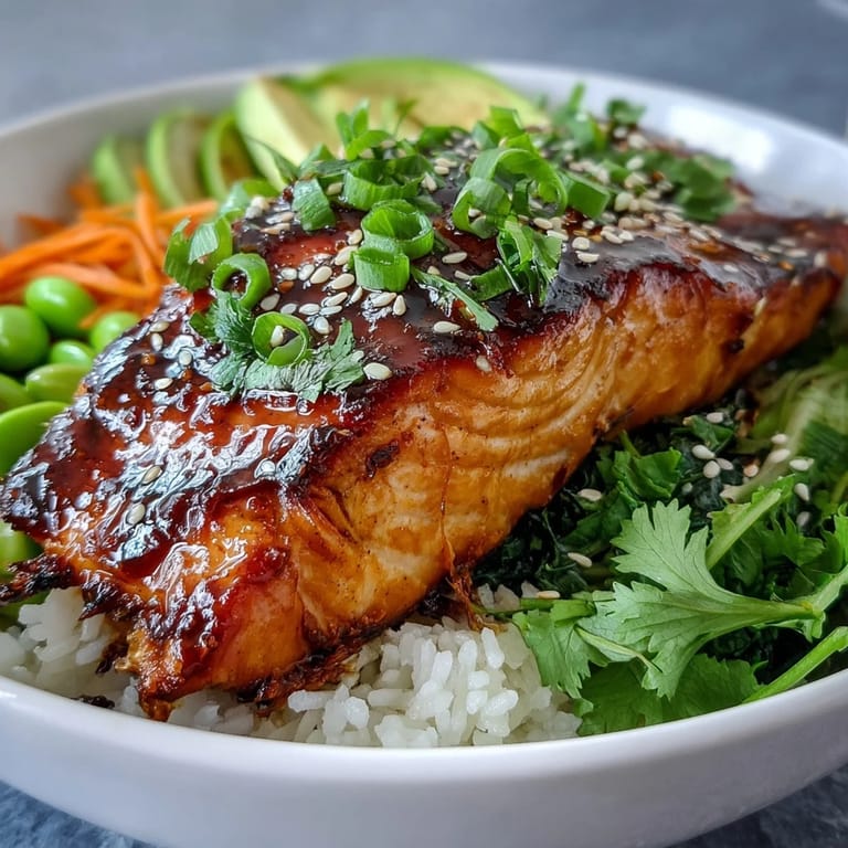Vibrant soy ginger salmon bowl topped with avocado slices, sesame seeds, fresh green onions, and a lime wedge.