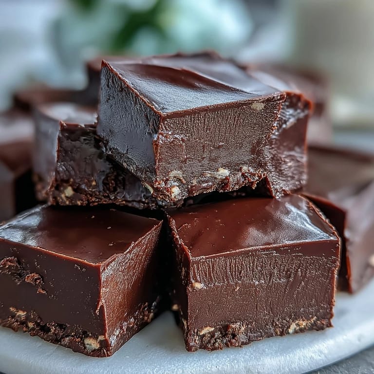 Creamy Hojicha Fudge pieces with crackled tops are served on a small ceramic plate, paired with a steaming cup of matcha latte nearby.