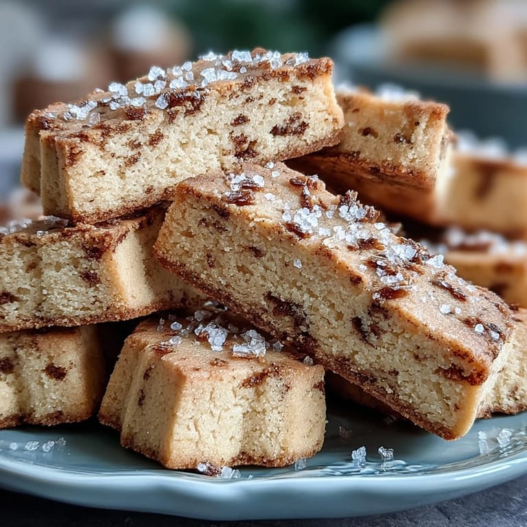 A close-up of Hojicha Shortbread slices highlights the buttery, melt-in-the-mouth texture and warm roasted tea aroma. 