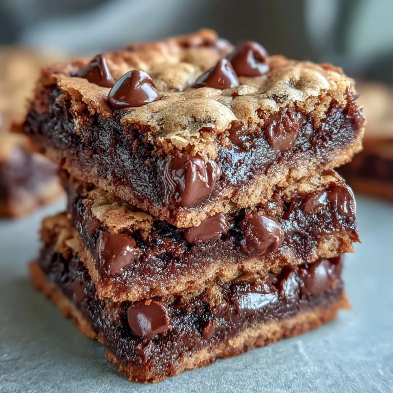 A hand lifts a warm Hojicha Brookies piece, showing gooey chocolate chips and a rich, nutty roasted tea crumb.