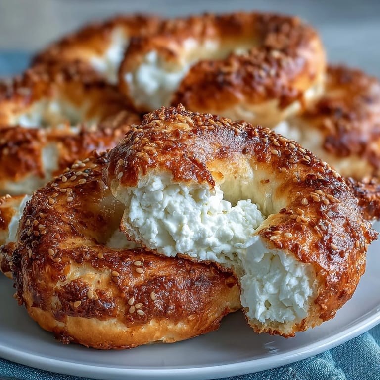 Two warm, chewy Greek Yogurt Bagels on a wooden cutting board with a knife and fresh toppings.