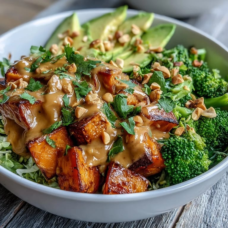 Close-up of a nourishing Thai Peanut Sweet Potato Buddha Bowl, showcasing chopped peanuts and a rich, glossy peanut sauce.