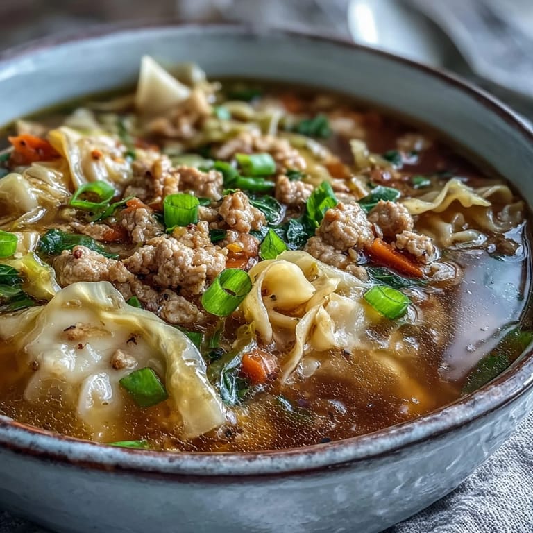 Overhead view of One-Pot Egg Roll Soup, garnished with fresh green onions and a drizzle of sesame oil.