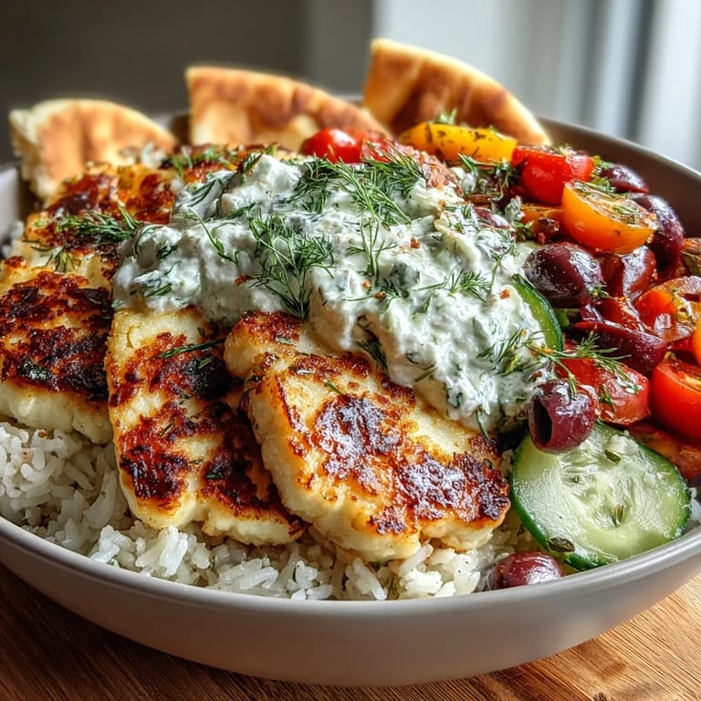 A close-up of a vibrant Greek Halloumi Power Bowl featuring warm pita wedges.