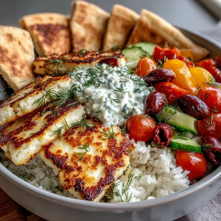 A finished Greek Halloumi Power Bowl topped with fresh dill, olives, and colorful cherry tomatoes.