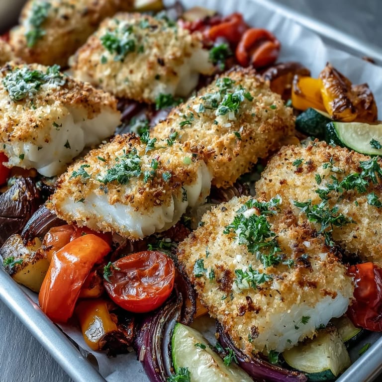Parmesan Crusted Sheet Pan Fish is garnished with fresh parsley and lemon wedges, ready to serve with colorful roasted vegetables.