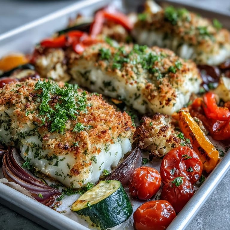 Close-up of Parmesan Crusted Sheet Pan Fish reveals a crunchy, cheesy crust and flaky cod atop caramelized tomatoes and onions.
