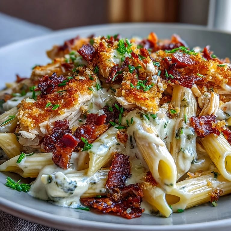 Shredded chicken and penne tossed in a luscious cream cheese sauce, garnished with fresh jalapeños.