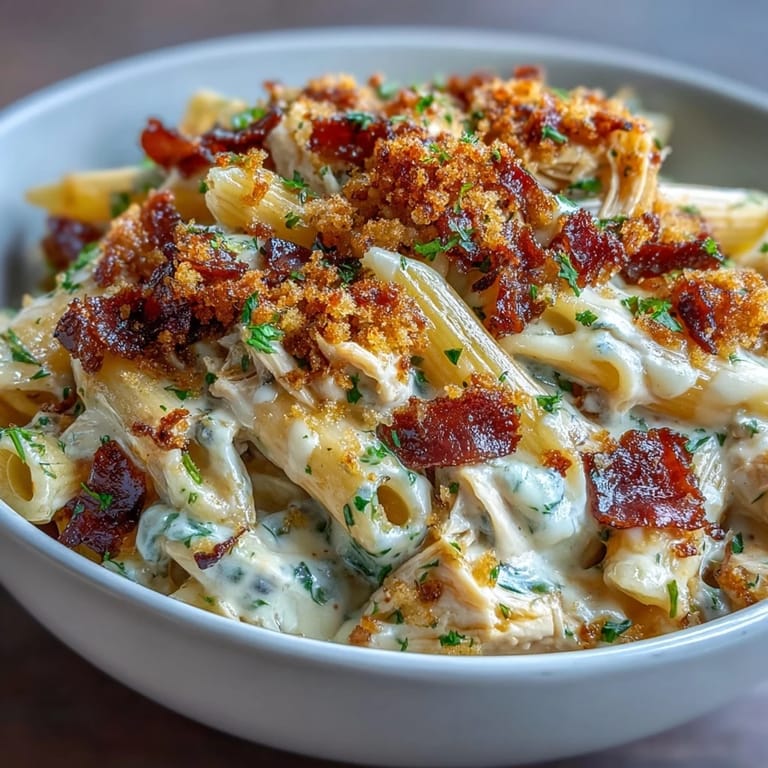 Serving suggestion for Creamy Jalapeño Popper Chicken Pasta topped with herbs and melted cheese.