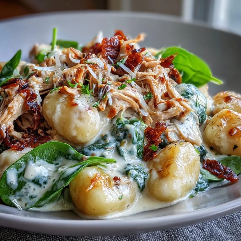 Steamy Creamy Spinach & Parmesan Gnocchi with Chicken served in a rustic bowl with crusty bread.