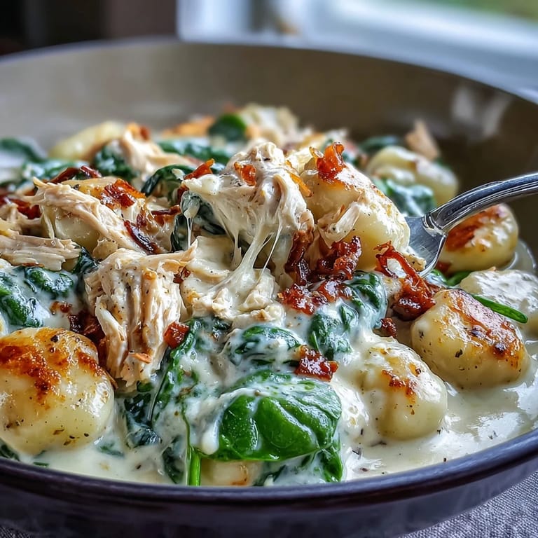 Overhead view of Creamy Spinach & Parmesan Gnocchi with Chicken topped with fresh parsley and grated Parmesan.