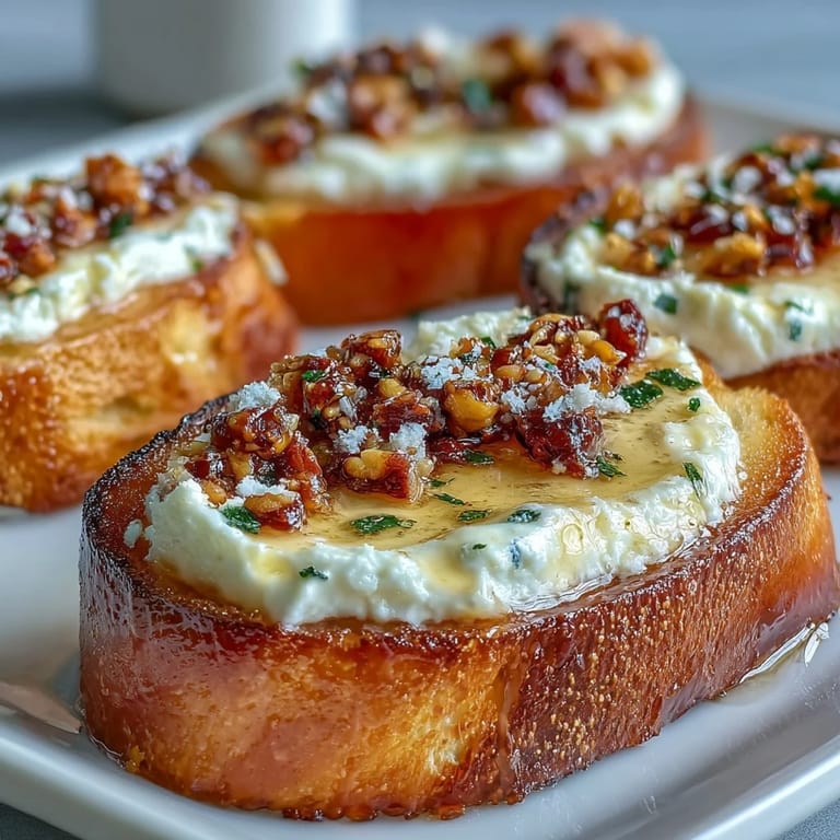 Savory Hot Honey Ricotta Bruschetta featuring crispy bread, whipped ricotta, chili crunch, and fresh basil garnish on a rustic plate.