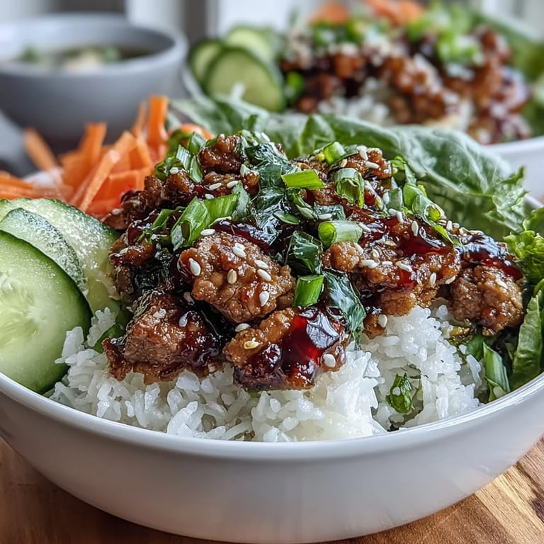 Plated sesame turkey lettuce wrap bowl featuring fluffy white rice, refreshing cucumber ribbons, and a sprinkle of green onions for garnish.