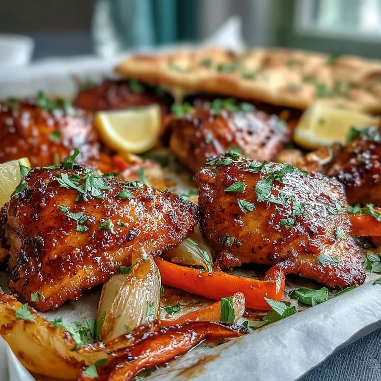 One-pan fusion meal with juicy chicken, roasted veggies, and fluffy garlic naan bread, perfect for busy weeknights.