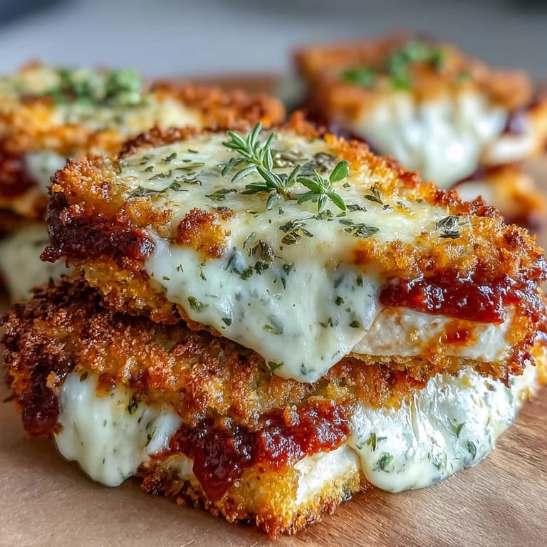 Golden breaded tofu slices in Crispy Tofu Chicken Parm Bakes, baked with rich sauce and fresh basil garnish.
