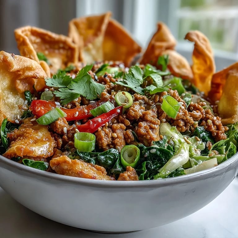 Family-friendly Ranch Turkey & Veggie Egg Roll Bowl served in a white bowl with a drizzle of ranch.