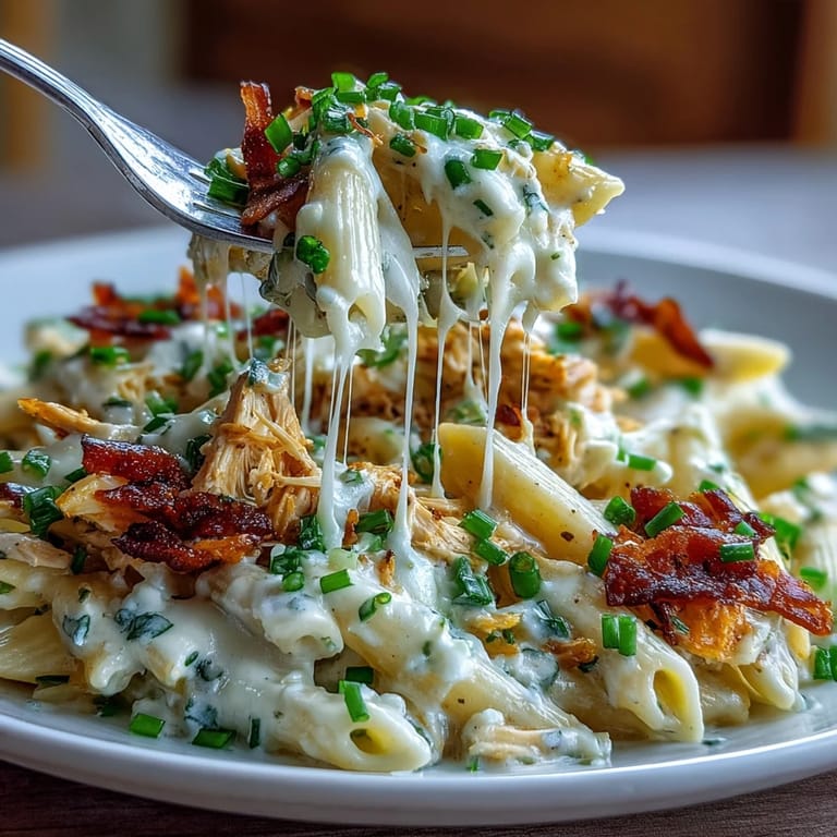 Close-up on Creamy Jalapeño Popper Chicken Pasta showing tender chicken and penne coated in a rich sauce.