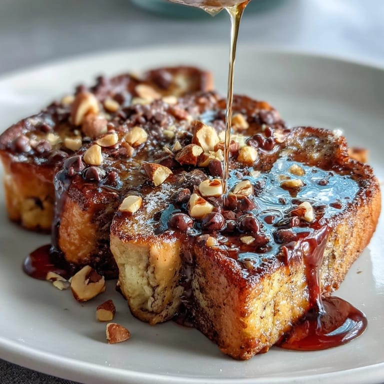Golden-brown cubes of High-Protein Peanut Butter & Chocolate Baked French Toast in a ceramic baking dish ready to serve.