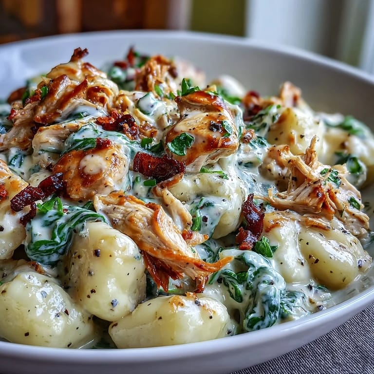 Creamy Spinach & Parmesan Gnocchi with Chicken tossed in garlic cream sauce and wilted spinach.