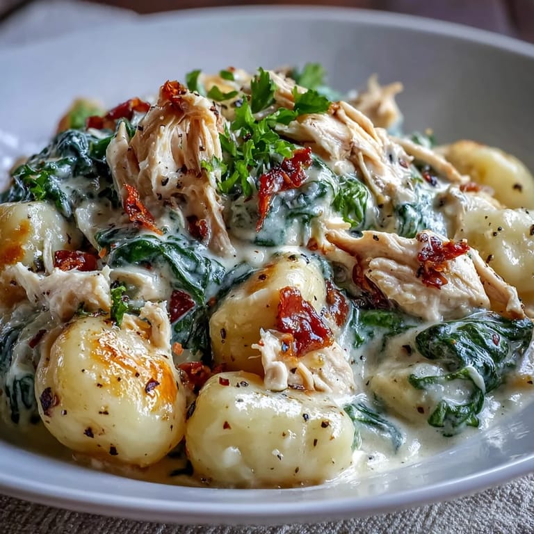 Creamy Spinach & Parmesan Gnocchi with Chicken plated beside a green salad and glass of Pinot Grigio.