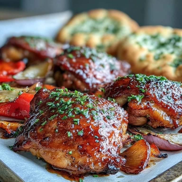 A close-up of glazed Sheet Pan Honey Garlic Chicken, brushed with sticky honey garlic sauce, next to soft naan on a dark sheet pan.