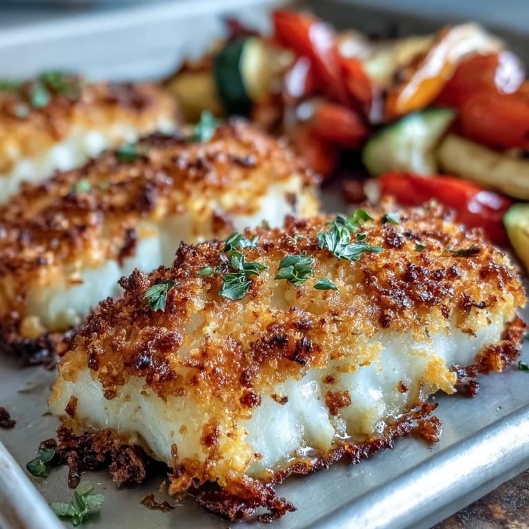 A one-pan serving of Parmesan Crusted Sheet Pan Fish & Veg garnished with fresh parsley, ready for dinner.