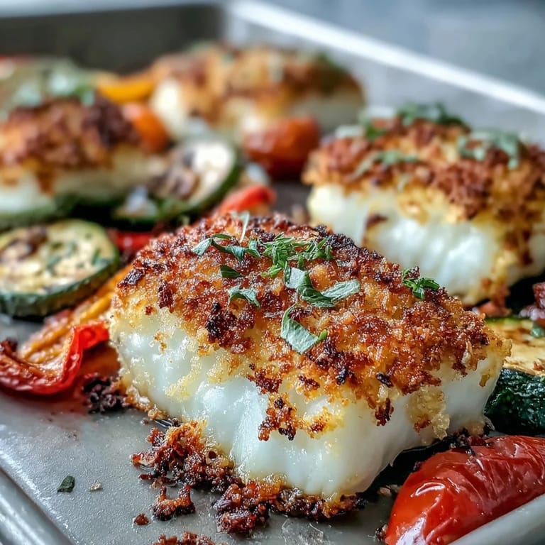 Close-up of Parmesan Crusted Sheet Pan Fish & Veg showing flaky cod under a crunchy Asiago panko crust.