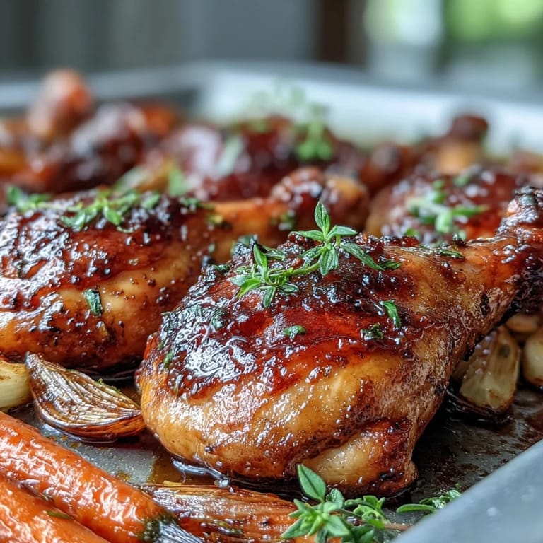 Fork-tender Sheet Pan Honey Garlic Chicken Drumsticks with Roasted Carrots served alongside fluffy rice and fresh thyme sprigs.