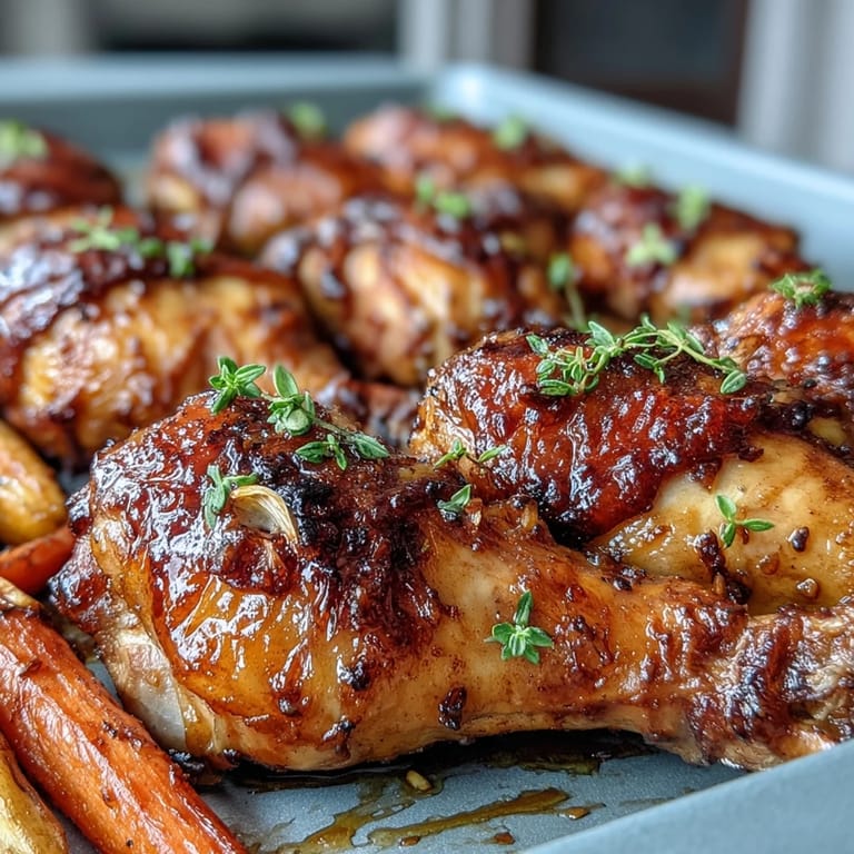 Juicy Sheet Pan Honey Garlic Chicken Drumsticks with Roasted Carrots fresh from the oven, with caramelized edges on parchment.