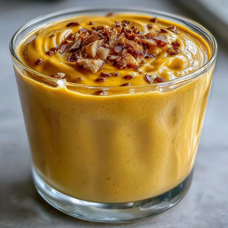 Bright golden Vegan Mango Turmeric Golden Milk Smoothie topped with chia seeds, served beside fresh mango.