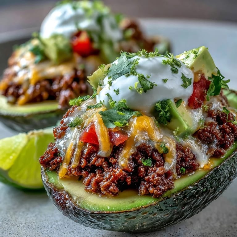 Keto Taco Stuffed Avocados garnished with jalapeños and cheese, presented on a rustic plate for a quick family dinner.