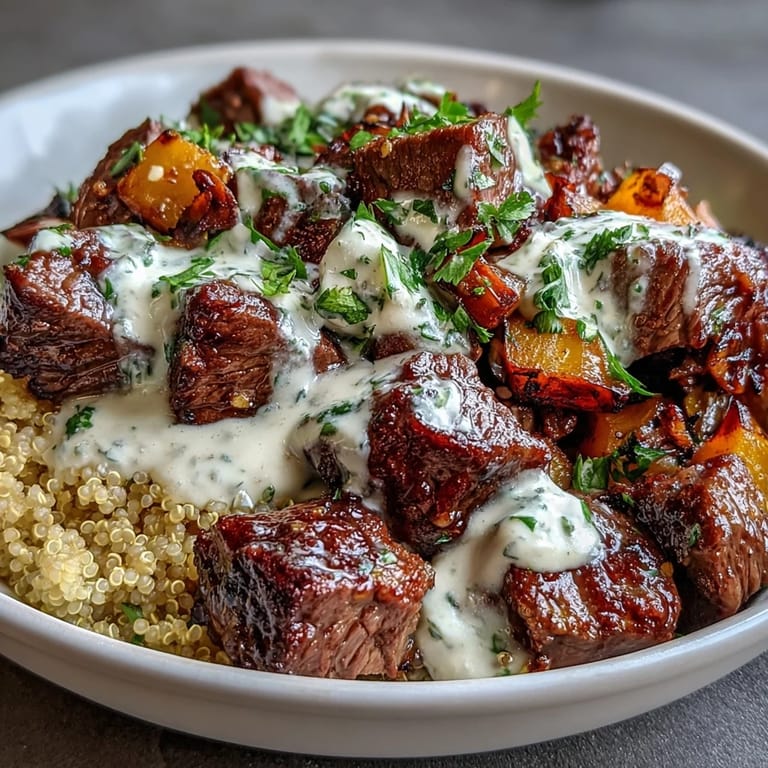Savory steak cubes and golden roasted butternut squash served over quinoa, drizzled with rich garlic herb cream sauce.  