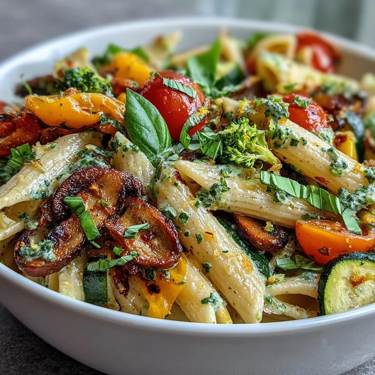 Flavorful vegan one-pot pasta primavera featuring tender penne, crisp veggies, and a refreshing lemon-basil finish.