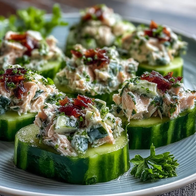 Zesty tuna avocado salad nestled inside crisp cucumber halves, perfect for a light, gluten-free meal prep idea.