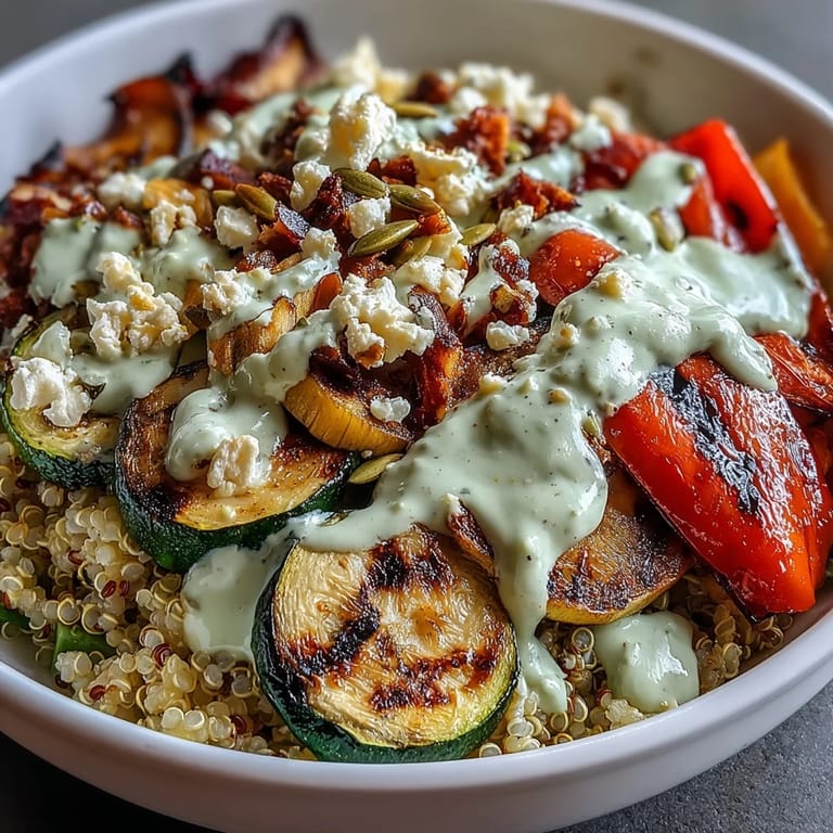 Wholesome power bowls featuring smoky grilled vegetables, fluffy quinoa, and zesty lemon-tahini sauce for a Mediterranean-inspired dinner.  