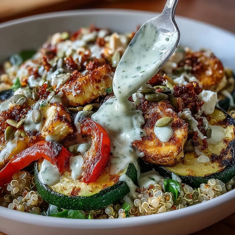Colorful quinoa bowls loaded with charred zucchini, peppers, and onions, finished with a rich tahini drizzle and crunchy pumpkin seeds.