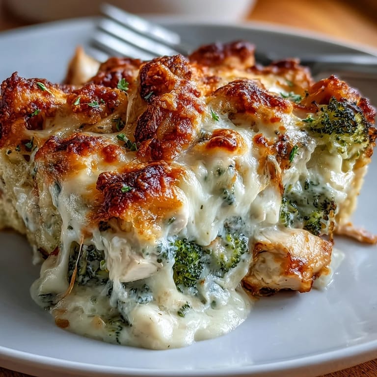 Low-carb chicken and broccoli casserole baked to perfection with a smooth, cheesy cream sauce and golden topping.