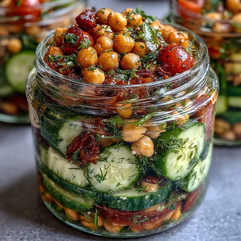 Wholesome, protein-rich salad jars bursting with Mediterranean flavors, featuring crunchy vegetables, aromatic herbs, and tangy citrus dressing in every colorful layer.